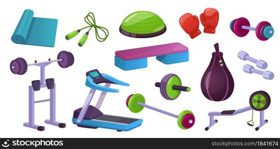 Home gym fitness equipment, sport training workout machines. Gymnastic ball, dumbbells, yoga mat. Healthy lifestyle exercising tools vector set. Boxing gloves, punching bag and skipping rope. Home gym fitness equipment, sport training workout machines. Gymnastic ball, dumbbells, yoga mat. Healthy lifestyle exercising tools vector set