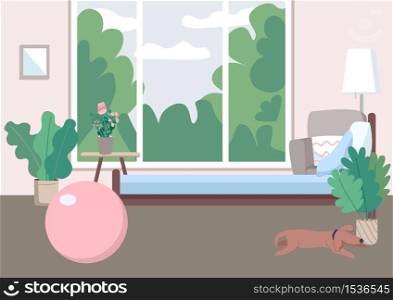 Home gym flat color vector illustration. Inflatable ball for fitness. House floor for aerobics. Sports equipment for training. Empty room 2D cartoon interior with window on background. Home gym flat color vector illustration