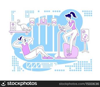 Home gym flat silhouette vector illustration. Man and woman exercising inside house. Workout for selfcare. Couple outline characters on blue background. Family activity simple style drawing. Home gym flat silhouette vector illustration