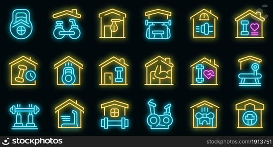 Home gym icons set. Outline set of home gym vector icons neon color on black. Home gym icons set vector neon