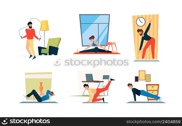 Home gymnastics. Healthy lifestyle people making sport exercise in living room interior stretching trainings indoor squats practicality vector flat persons. Home exercise fitness, gymnastics yoga. Home gymnastics. Healthy lifestyle people making sport exercise in living room interior adult stretching trainings indoor squats practicality garish vector flat stylized persons