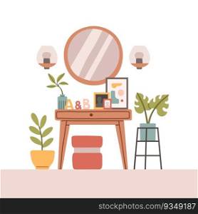 Home hallway interior in flat cartoon style. Vector modern house hall with modern furniture and plants in pot.