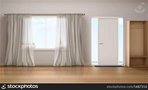 Home hallway with entrance door, window with white silk curtains and wardrobe. Vector realistic interior of empty corridor, house hall with wooden floor and glass insert near closed door. Home hallway with entrance door and window