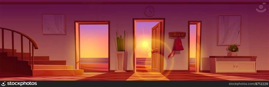 Home hallway with open door and view to sea beach at sunset. Vector cartoon illustration of house or hotel hall interior with wooden stairs, furniture and ocean outside. Home hallway with view to sea beach at sunset