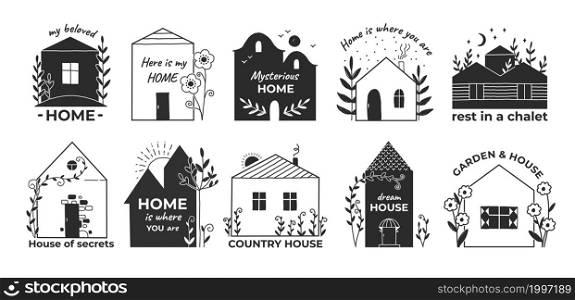 Home hand drawn logo. Doodle village barn and countryside cottage with garden. Real estate sketch emblems for rental property. Cute houses and plants. Vector isolated rural residential buildings set. Home hand drawn logo. Doodle village barn and countryside cottage with garden. Real estate sketch emblems for rental property. Houses and plants. Vector rural residential buildings set
