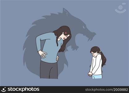 Home harassment and fears concept. Angry furious woman mother standing and shouting at afraid terrified daughter girl seeing her as huge wolf vector illustration . Home harassment and fears concept.