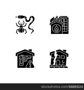 Home hazards prevention black glyph icons set on white space. Dangerous animals. Home fire. Weapons storage. Dilapidated house. Exotic pets. Silhouette symbols. Vector isolated illustration. Home hazards prevention black glyph icons set on white space