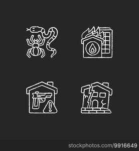 Home hazards prevention chalk white icons set on black background. Dangerous animals. Home fire. Weapons storage. Dilapidated house. Exotic pets. Isolated vector chalkboard illustrations. Home hazards prevention chalk white icons set on black background