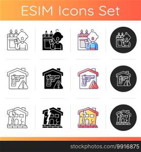 Home hazards prevention icons set. Childhood trauma. Weapons storage. Abandoned buildings. Child-resistant safety. Dilapidated house. Linear, black and RGB color styles. Isolated vector illustrations. Home hazards prevention icons set
