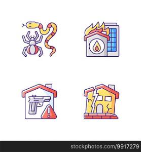 Home hazards prevention RGB color icons set. Dangerous animals. Home fire. Weapons storage. Dilapidated house. Exotic pets. Flammable materials. Home defense. Isolated vector illustrations. Home hazards prevention RGB color icons set