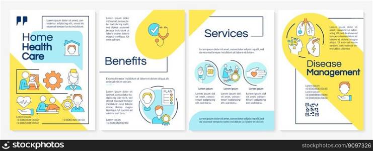 Home health care blue and yellow brochure template. Leaflet design with linear icons. Editable 4 vector layouts for presentation, annual reports. Questrial, Lato-Regular fonts used. Home health care blue and yellow brochure template