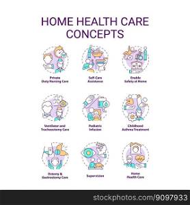 Home health care concept icons set. Medical services providers. Nursing and assistance idea thin line color illustrations. Isolated symbols. Editable stroke. Roboto-Medium, Myriad Pro-Bold fonts used. Home health care concept icons set