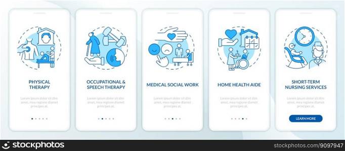 Home health care services blue onboarding mobile app screen. Walkthrough 5 steps editable graphic instructions with linear concepts. UI, UX, GUI template. Myriad Pro-Bold, Regular fonts used. Home health care services blue onboarding mobile app screen