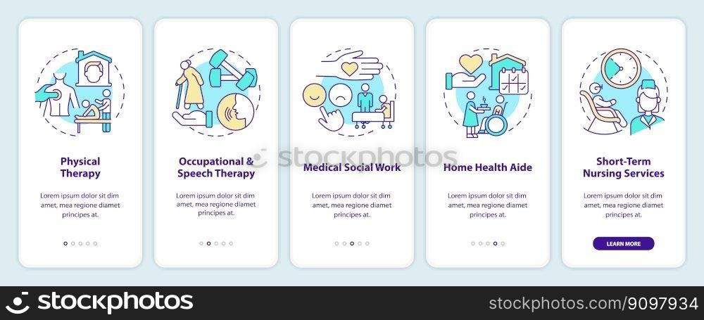 Home health care services onboarding mobile app screen. Walkthrough 5 steps editable graphic instructions with linear concepts. UI, UX, GUI template. Myriad Pro-Bold, Regular fonts used. Home health care services onboarding mobile app screen