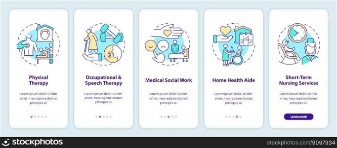 Home health care services onboarding mobile app screen. Walkthrough 5 steps editable graphic instructions with linear concepts. UI, UX, GUI template. Myriad Pro-Bold, Regular fonts used. Home health care services onboarding mobile app screen