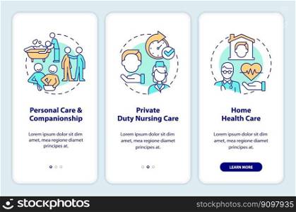 Home health care types onboarding mobile app screen. Walkthrough 3 steps editable graphic instructions with linear concepts. UI, UX, GUI template. Myriad Pro-Bold, Regular fonts used. Home health care types onboarding mobile app screen