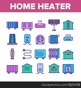 Home Heater Collection Elements Icons Set Vector Thin Line. Home Heater, Heating System Equipment, Radiator And Electric Warm Floor Concept Linear Pictograms. Color Illustrations. Home Heater Collection Elements Icons Set Vector