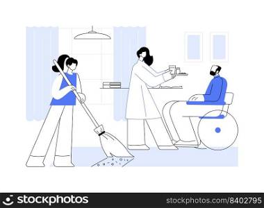 Home help abstract concept vector illustration. Home nursing services, care allowance, family carer, doctor help and support, old patient, serving dinner, senior on wheelchair abstract metaphor.. Home help abstract concept vector illustration.