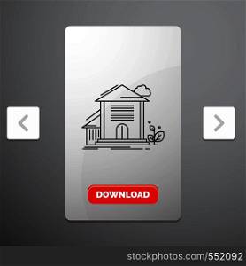 Home, house, Apartment, building, office Line Icon in Carousal Pagination Slider Design & Red Download Button. Vector EPS10 Abstract Template background
