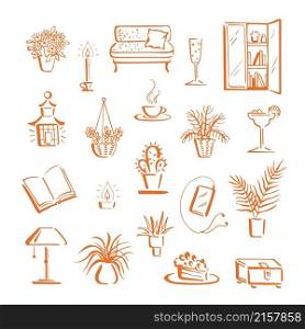 Home hygge, relax mood. Hand-drawn brush doodles of couch or sofa, house plants, book and tablet with earbuds, tealight and candle, cake or pie and drinks - tea, wine, and cocktail. Home hygge, relax ambience with things for stay-at-home leisure and indoor lifestyle. Collection of cute doodle objects