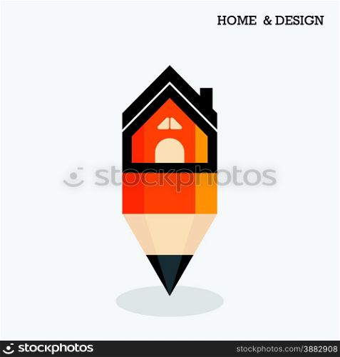 Home icon and pencil symbol in flat design style. Vector illustration