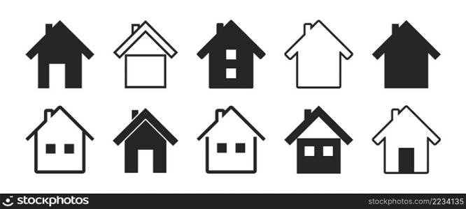 Home icon. Home icons isolated on transparent background. House button on web. Black symbols of homepage. Pictogram for mortgage. Simple modern silhouettes of buildings. Vector.