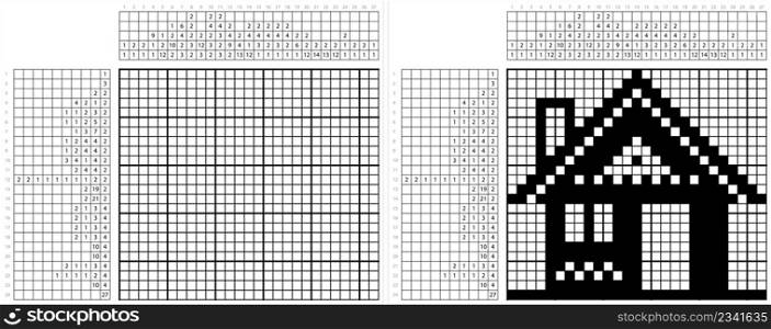 Home Icon Nonogram Pixel Art, Logic Puzzle Game Griddlers, Pic-A-Pix, Picture Paint By Numbers, Picross, House, Residence, Villa, Realty Icon Vector Art Illustration