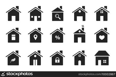 Home icons. Black flat homes shapes. Houses silhouettes symbols of homepage, web buttons. Simple style buildings. Vector signs housing illustration real estate silhouette various. Home icons. Black flat homes shapes. Houses silhouettes symbols of homepage, web buttons. Simple style buildings. Vector signs housing