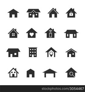 Home icons. Black houses silhouettes, smart home service. Web homepage buttons, security locations and residential insurance vector residency building symbols. Home icons. Black houses silhouettes, smart home service. Web homepage buttons, security locations and residential insurance vector symbols