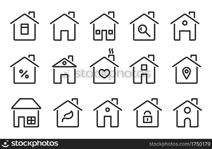 Home icons. Thin line modern houses, homes with roof, windows doors. Flat hotel cottage residence symbols. Isolated vector signs set. Illustration building mortgage, architecture urban icons house. Home icons. Thin line modern houses, homes with roof, windows doors. Flat hotel cottage residence symbols. Isolated vector signs set