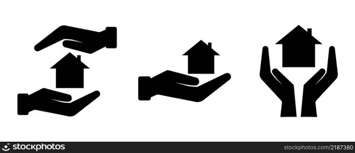 Home in hand icon. Black shape. Residential house. Isolated object. Business concept. Vector illustration. Stock image. EPS 10.. Home in hand icon. Black shape. Residential house. Isolated object. Business concept. Vector illustration. Stock image.
