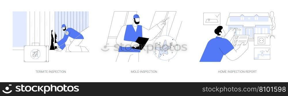 Home inspection service abstract concept vector illustration set. Termite inspection, mold testing, home safety check report, visual examination of property, house pest control abstract metaphor.. Home inspection service abstract concept vector illustrations.