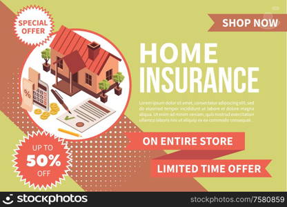 Home insurance banner isometric background with sale discount badges editable text and round composition with house vector illustration