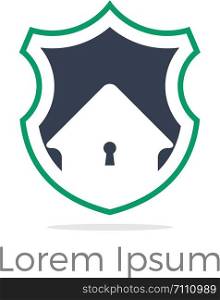 Home insurance company icon protection shield with vector house. Home security logo design. Real estate logo.