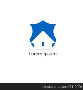 Home insurance company icon protection shield with vector house. Home security logo design. Real estate logo.