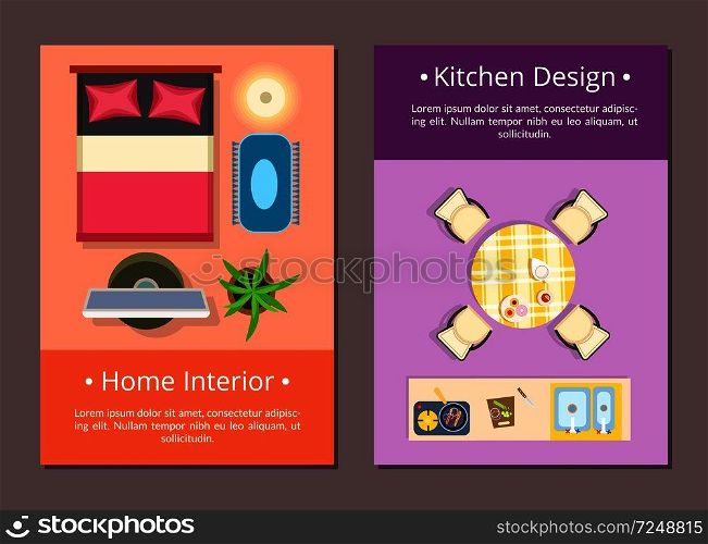 Home interior and kitchen design web pages with text s&le and icons of bed and tv set, chairs and table with plates on it vector illustration. Home Interior  Kitchen Design Vector Illustration