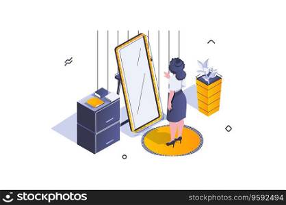 Home interior concept in 3d isometric design. Woman stand by mirror near cabinet in wardrobe. Furnishing and decoration in living room. Vector illustration with isometric people scene for web graphic