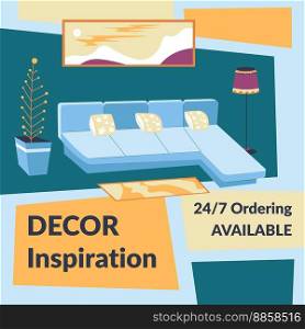 Home interior decor inspiration for apartment and dwelling beauty. Ordering available every day. Furniture and framed picture and art. Promotional banner for advertisement. Vector in flat style. Decor inspiration ordering available online banner