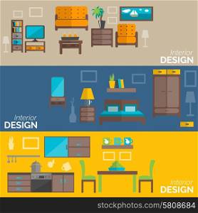 Home interior design for kitchen bed and sitting rooms furnishing flat banners set abstract isolated vector illustration. Home furniture design flat banners set