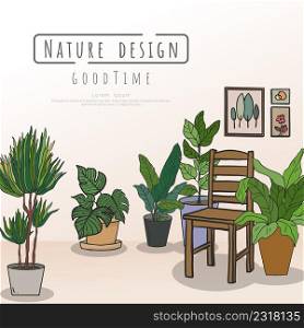 Home Interior design with cushions, potted house plants and floor l&. Home room in minimalist style. Colored flat vector illustration.