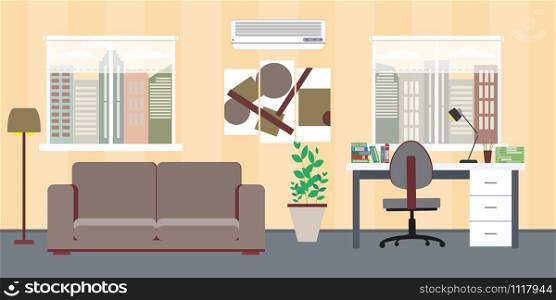 Home Interior flat design. Workspace for freelancer and work relax,cartoon vector illustration. Home Interior flat design. Workspace for freelancer and work rel
