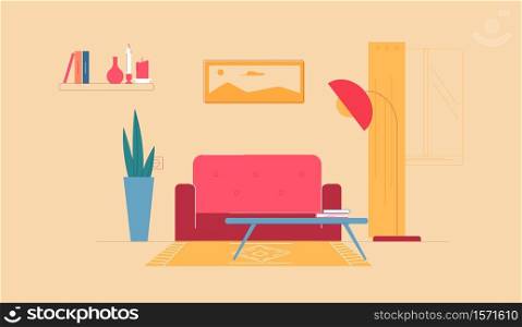 Home interior for rest and work. Comfortable red sofa with soft upholstery coffee table books and large lamp for full lighting long green houseplant bush stylish vector landscape painting.. Home interior for rest and work. Comfortable red sofa with soft upholstery coffee table books.