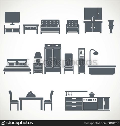 Home interior furniture and bathroom accessories black banners set with lamp and tv abstract isolated vector illustration. Home furniture design blackicons set