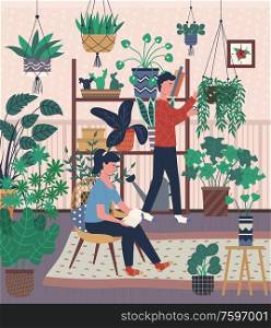 Home interior, greenhouse with plants in pots man and woman with hobby. Male caring for houseplants and woman reading book sitting on chair in room. Room Filled with Light and Leafy Flowers in Pots