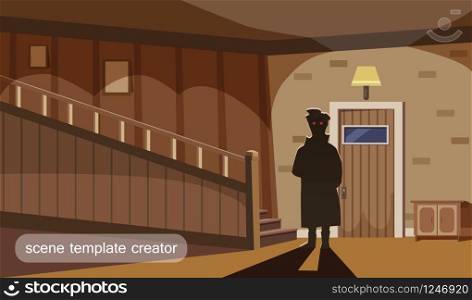 Home interior. Interior design for web site, print, poster, presentation infographic. Home interior template. Interior design with strange character for web site, print, poster, presentation, infographic, animation. Cartoon design illustration, vector, isolated