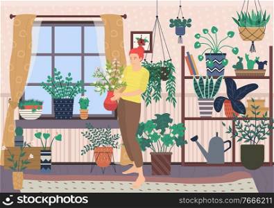 Home interior of living room vector, female character carrying plants in pot. Shelves with houseplants decoration of space. Window with fabric curtains. Living Room Full of Flowers and Plants Interior