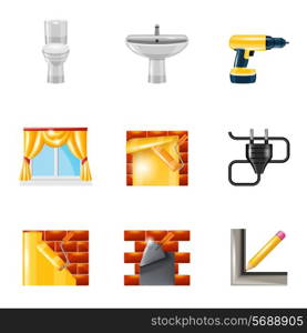 Home interior repair icons set with wallpaper roller trowel joiner isolated vector illustration