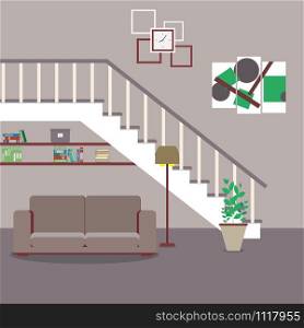 Home interior.Sofa located under the stairs there is also a vase with a plant,lamp,picture and clock,flat vector illustration.. Home interior.Sofa located under the stairs.