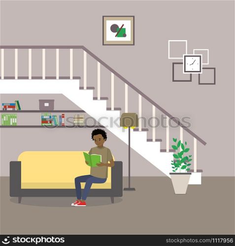Home interior.Sofa located under the stairs there is also a vase with a plant,lamp,picture and clock,african amerian teenager read,flat vector illustration. Home interior.Sofa located under the stairs