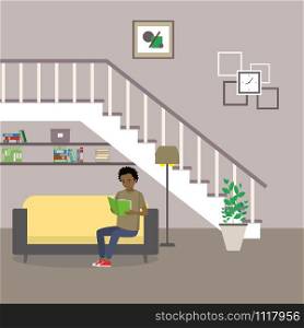 Home interior.Sofa located under the stairs there is also a vase with a plant,lamp,picture and clock,african amerian teenager read,flat vector illustration. Home interior.Sofa located under the stairs